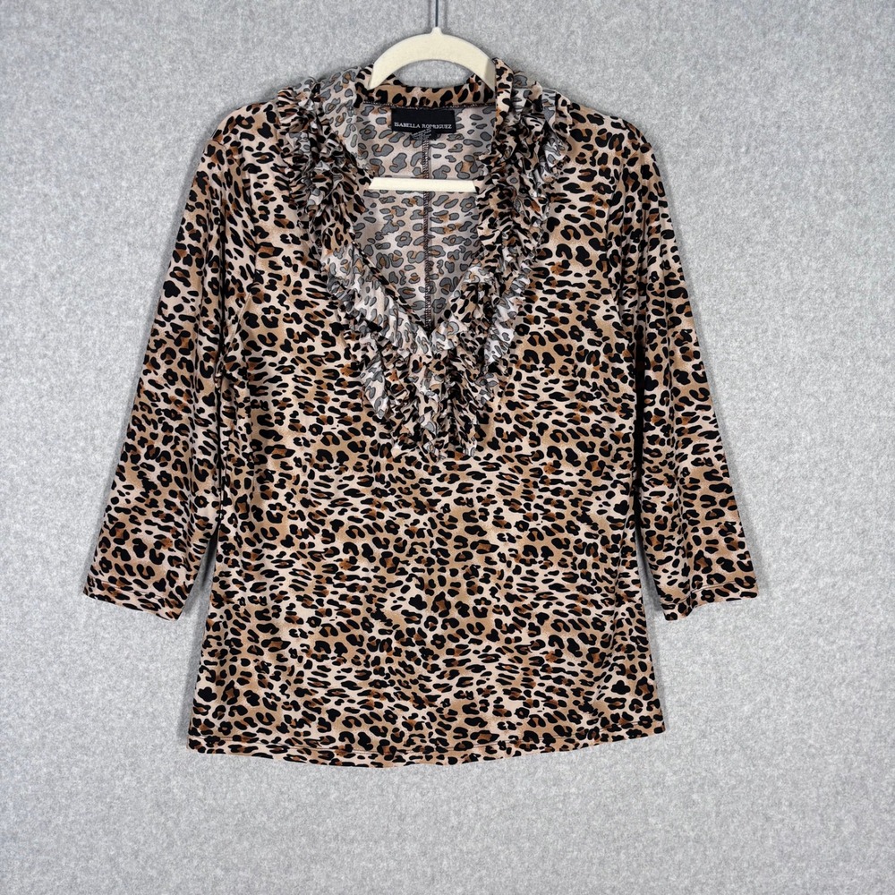 Isabella Rodriguez Ruffle Leopard Print Blouse Large Slinky Liquid Knit Loud
